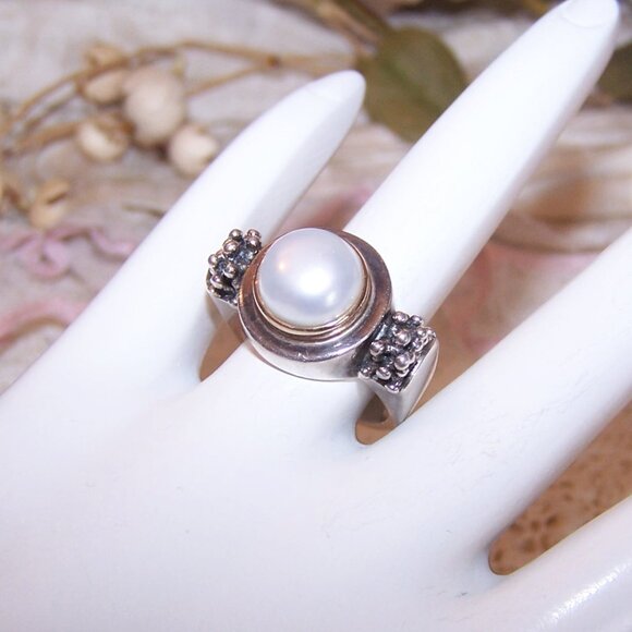 Vintage Michael Dawkins Sterling Silver 14K Gold Pearl Ring - Size 5.75 - Picture 3 of 14